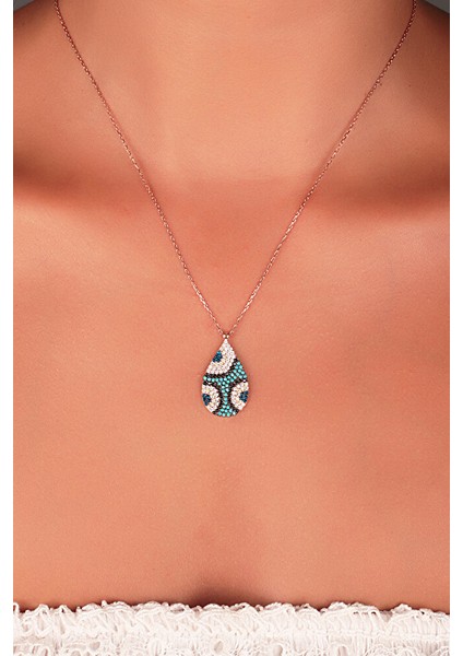 925 Ayar Rose Kaplamalı Zirkon Taşlı Nazarlı Damla Gümüş Kolye fiyatları