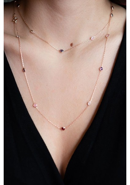925 Ayar Rose Kaplamalı Multicolour Taşlı Çift Dolamalı Gümüş Kolye