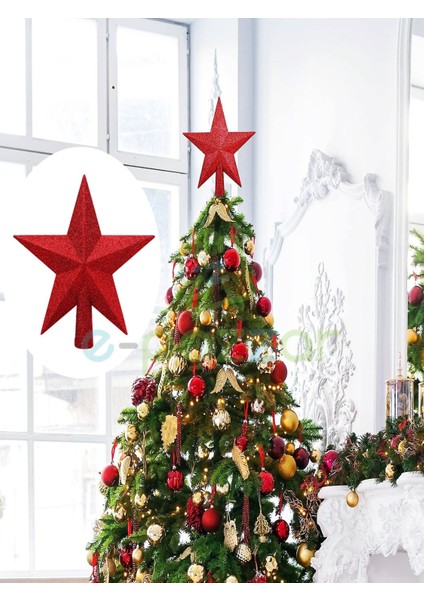 20 cm Kırmızı Simli Işıltılı Noel Christmas Yılbaşı Ağaç Konsept Süsleme Tepe Yıldızı