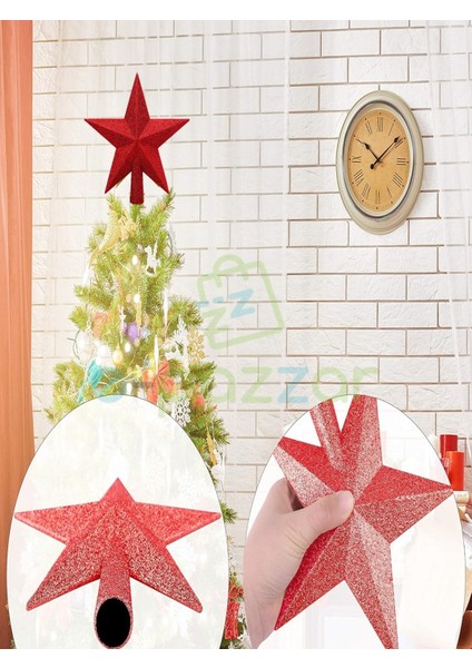 20 cm Kırmızı Simli Işıltılı Noel Christmas Yılbaşı Ağaç Konsept Süsleme Tepe Yıldızı