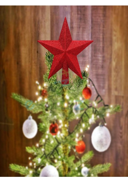 20 cm Kırmızı Simli Işıltılı Noel Christmas Yılbaşı Ağaç Konsept Süsleme Tepe Yıldızı