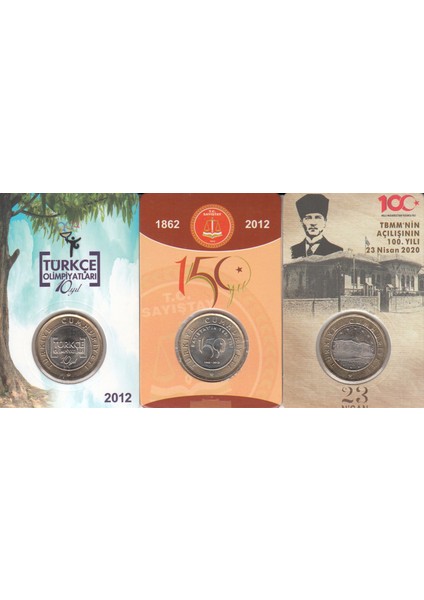 3 Lü Hatıra 1 Lira Para Kiti Seti,tbmm'nin 100.YILI/SAYIŞTAY'IN 150. Yılı/türkçe Olimpiyatları , Çil