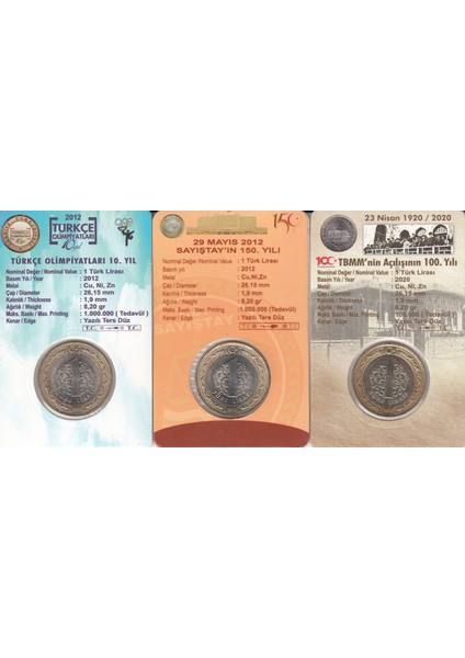 3 Lü Hatıra 1 Lira Para Kiti Seti,tbmm'nin 100.YILI/SAYIŞTAY'IN 150. Yılı/türkçe Olimpiyatları , Çil fiyatları