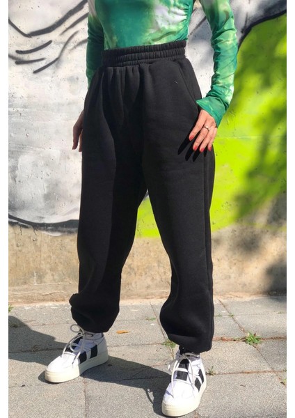 3 Iplik Kalın Şardonlu Yüksek Bel Bol Kalıp Büyük Beden Oversize Eşofman Altı modelleri