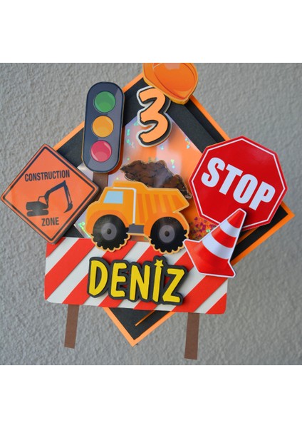 Iş Makineleri Temalı Erkek Çocuk Doğum Günü Süsü Iş Makineleri Kişiye Özel Pasta Süsü Parti Malzemesi Cake Topper (21X21CM)