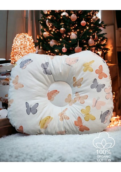 Organik Pamuklu 0-12 Ay Bebek Düz Baş Yastığı Turuncu Kelebekler Bebek Yastığı