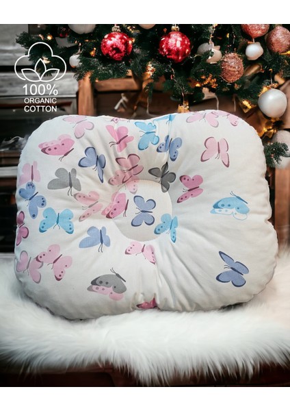 Organik Pamuklu 0-12 Ay Bebek Düz Baş Yastığı Renkli Kelebekler Bebek Yastığı