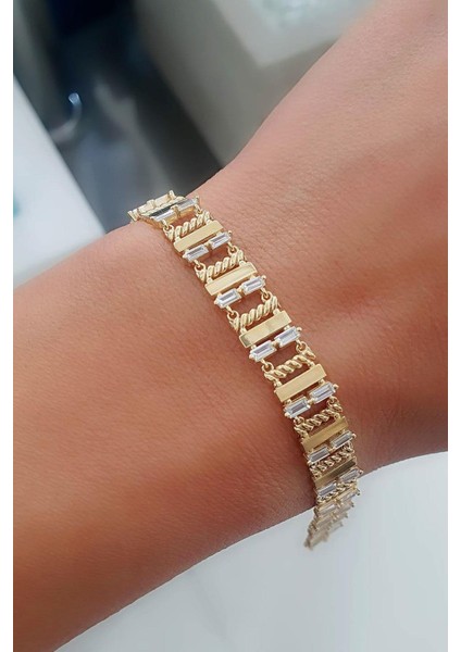 Zirkon Taş Detaylı 925AYAR Gümüş Üzerine Altın Kaplama Luxury Tasarım Trend Bileklik