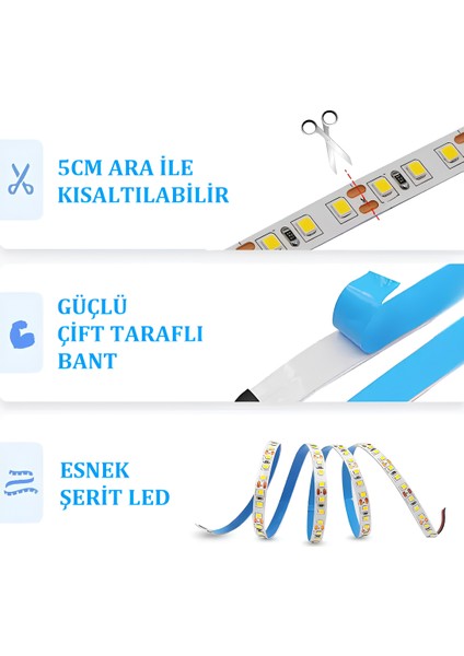 Mutfak Dolabı Altı (Dekoratif) 5 mt Gün Işığı Şerit LED 12V Adaptör Aç Kapa (On-Off) Anahtarlı