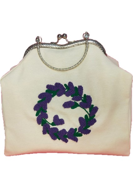 Metal Klipsli El Yapımı Vintage El Çantası - Punch Mor Çiçek Işlemeli