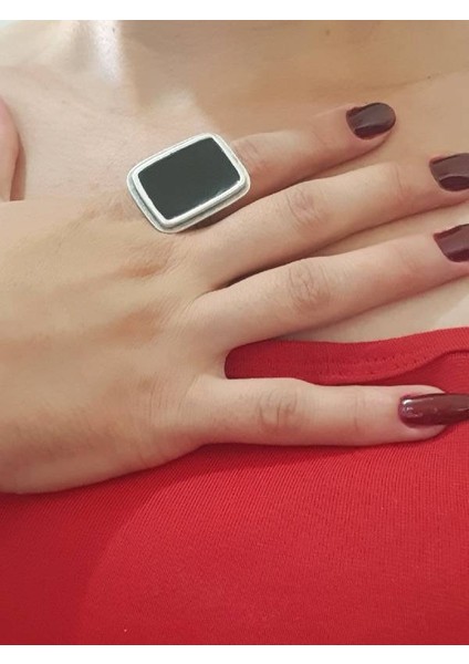 Gümüş Kaplama Antik Çelik Kadın Renkli Kare Siyah Ayarlanabilir Yüzük