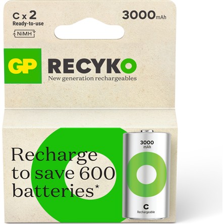 GP Gp Batteries Recyko 3000 C Boy Ni-Mh Şarjlı Pil, 1.2 Volt, 2'li Kart