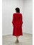 Krep Kumaş Kolları Tül Detaylı Midi Elbise - Kırmızı 5