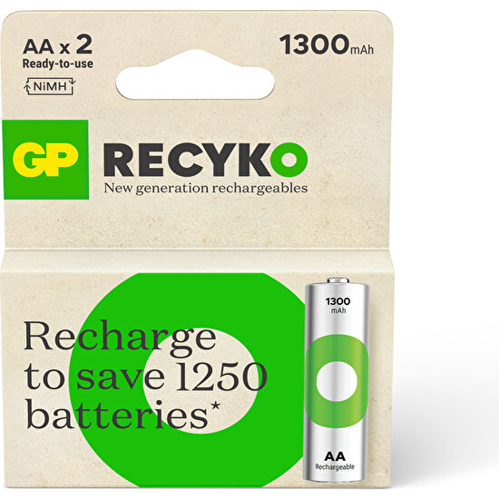 Gp Batteries Recyko 1300 Aa Kalem Ni-Mh Şarjlı Pil, 1.2 Volt, 2'li Kart