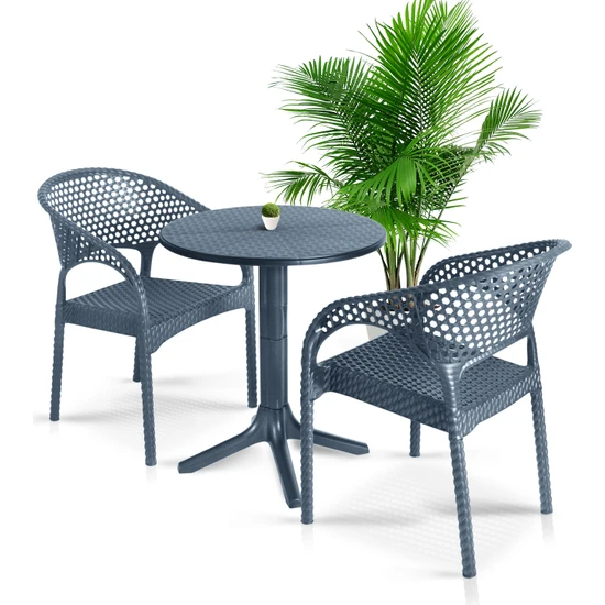 Bahex Bella Bistro Set Balkon Masa Sandalye Seti 60 cm Yuvarlak Masa Takımı 2 Kişilik Rattan Balkon Set