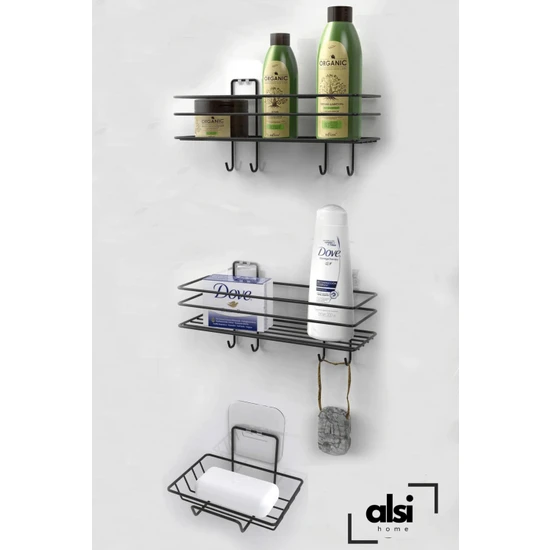 Alsi Home 3'lü Banyo Seti Yapışkanlı Paslanmaz Banyo Sabunluk Duşakabin Rafı Şampuanlık Banyo Düzenleyici Set