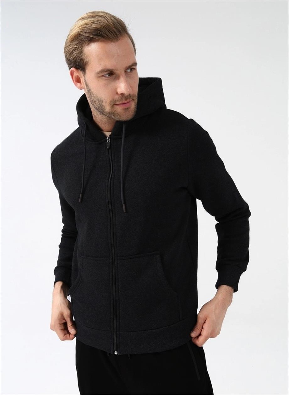 Süvari Kapüşonlu Fermuarlı Yaka Regular Kalıp Düz Siyah Sweatshirt görsel 8