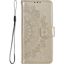 4U Sky Xiaomi 12S Için Ultra 5g Mandala Çiçek Deseni Basılı Pu Deri El Kayışı Tasarımı Manyetik Fall Anti-Fall Kapak Stand Stand Cüzdan Stili Case-Altın (Yurt Dışından)