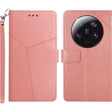 4U Sky Xiaomi Için HT01 13 Ultra Cep Telefonu Kapağı Y Şeklinde Hat Basılı Stand Cüzdan Pu Deri+Tpu Kapak Pembe (Yurt Dışından)