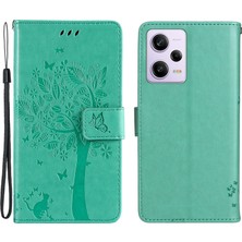 4U Sky Xiaomi Redmi Için Telefon Kılıfı Not 12 Pro 5g/note 12 Pro Speed ​​5g/poco X5 Pro 5g Deri Cüzdan Stand Kapağı Strap-Yeşil ile Baskılı Kedi Ağacı (Yurt Dışından)