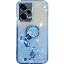 4U Sky Xiaomi Redmi Için Note 12 5g (Global)/poco X5 5g Çiçek Tpu Kapak Glitter Slim Fit Ring Kickstand Telefon Kabuk Mavisi (Yurt Dışından)