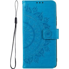 4U Sky Xiaomi 12S Için Ultra 5g Mandala Çiçek Deseni Basılı Pu Deri El Kayışı Tasarımı Manyetik Fall Anti-Fall Kapak Stand Stand Cüzdan Mavisi (Yurt Dışından)