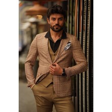 Guild Fermana Slim Fit Kahve Ekoseli Takım Elbise