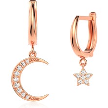 İndigo Takı Tekli Ay ve Yıldız Rose Gümüş Küpe