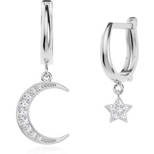 İndigo Takı Tekli Ay ve Yıldız Beyaz Gümüş Küpe