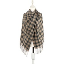 Bursa İpek Bej Yeşil Ekose Desen Kışlık Şal