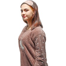 Fawn FAWN3115 Kadın Uzun Kol Traşlı Polar Uyku Bandı Hediyeli Battal Pijama Takımı