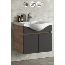 Özceden Yıldız 65 cm Atlantik Çam-Antrasit Gri Mat Mdf Seramik Lavabolu Asma Banyo Alt Dolabı