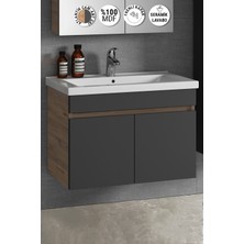 Özceden Çiğdem 80 cm Atlantik Çam-Antrasit Gri Mat Mdf Seramik Lavabolu Asma Banyo Alt Dolabı