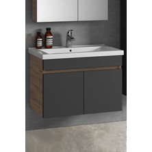 Özceden Çiğdem 80 cm Atlantik Çam-Antrasit Gri Mat Mdf Seramik Lavabolu Asma Banyo Alt Dolabı