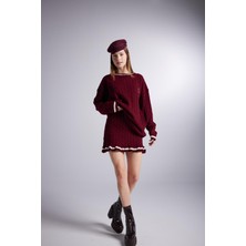 Holly Lolly Bordo Renkli Beli Lastikli Örgü Desenli Mini Triko Etek Standart Kumaş