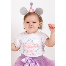 Le Mabelle Beyaz  Taçlı Birthday Girl Baskılı Kısa Kollu Kız Çocuk Tişört - Olena