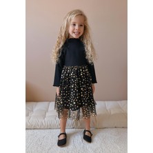 Le Mabelle Siyah  Yıldız Baskılı Tül Etekli Kız Çocuk Elbise - Karen