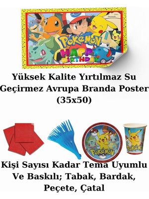 Pokemon Afişli 24 Kişilik Doğum Günü Parti Malzemeleri Süsleri Seti Lxst