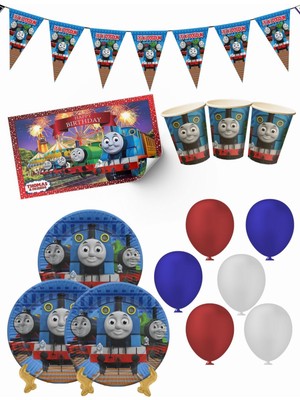 Thomas Train Thomas Tren ve Arkadaşları  Bayraklı ve Afişli 32 Kişilik Doğum Günü Parti Malzemeleri Süsleri Seti Mxst