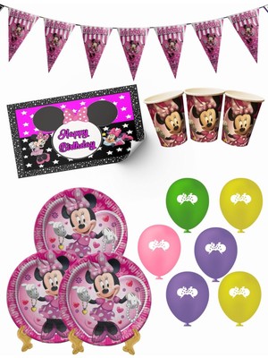 Minnie Mouse Bayraklı ve Afişli 24 Kişilik Doğum Günü Parti Malzemeleri Süsleri Seti Mxst