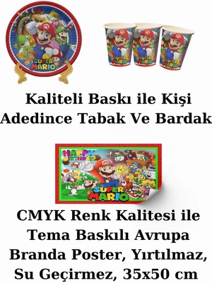 Mario Süper Mario  Bayraklı ve Afişli 24 Kişilik Doğum Günü Parti Malzemeleri Süsleri Seti Mxst