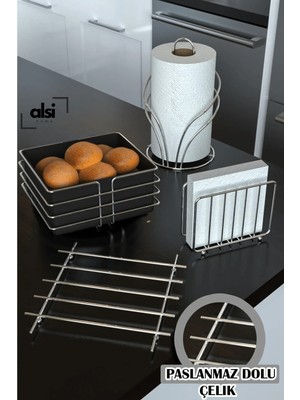 Alsi Home Gümüş Krom Ekmek Sepeti ve Servis Sunum Seti Havluluk Peçetelik Nihale Ekmeklik 4'lü Set