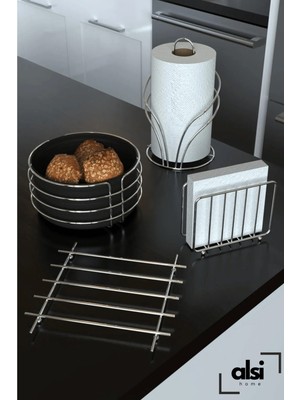 Alsi Home Lüx Paslanmaz Ekmek Sepeti ve Servis Sunum Seti Havluluk Peçetelik Nihale Ekmeklik 4'lü Set