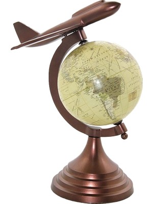 Keyfim Shop Dekoratif Pirinç Uçak Tasarımlı Dünya Küre 40*25 cm