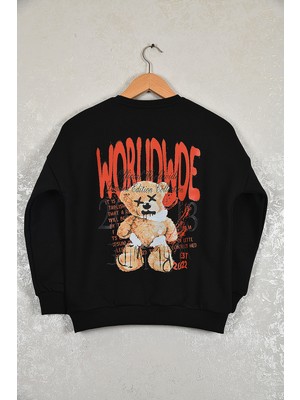 Wolters Outdoors Çocuk Worl Wide Oversize Baskılı Pamuklu Bisiklet Yaka Kısa Kollu Sweatshirt