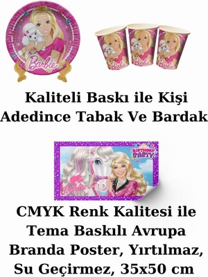 Barbie Bayraklı ve Afişli 16 Kişilik Doğum Günü Parti Malzemeleri Süsleri Seti Mxst