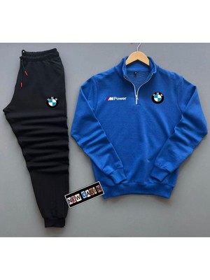New Cabin Yarım Fermuarlı Bmw Baskılı Pamuklu Eşofman Takım Alt Üst 2'li