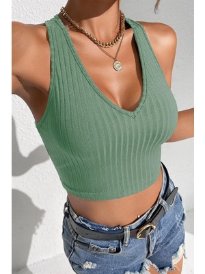 Yeni Nesil Toptancı - YNT Ynt Yesil V Yakali Crop BN6566Y