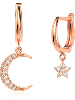 İndigo Takı Tekli Ay ve Yıldız Rose Gümüş Küpe