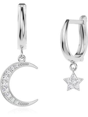 İndigo Takı Tekli Ay ve Yıldız Beyaz Gümüş Küpe